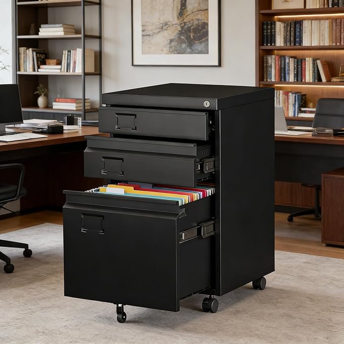SUXXAN 3 Drawer Mobile File Cabinet with Lock, Heavy Duty Steel Under Desk Filing Cabinet for Letter/Legal/A4 Size, Fully Assembled Except Casters, Anti-Tip Design for Home Office