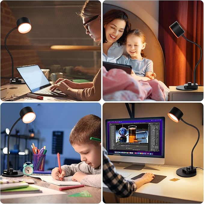 LiFMIRA Desk Lamp, LED Desk Lamp with USB C + A Charging Ports, 5 Colors Fully Dimmable Eye Care Reading Lamp for Bedside Table Full Metal Efficient Gooseneck Table Lamp for Home Office Black