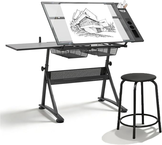 Magshion Professional Drafting Table for Teens w/Stool, Tilting GlassTabletop & Adjustable Height, Art Craft Desk Watercolor Paintings Sketching Work Station for Studio Home Office School (Clear)