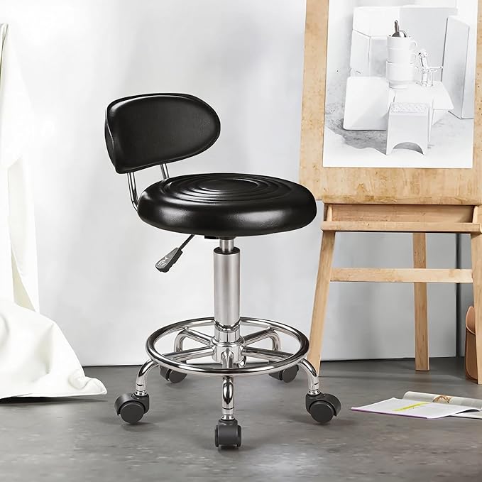 VECELO Home Office Desk Chair with Backrest & Wheels | PU Leather Rolling Office Chair for Drafting, Salon, Spa(Black, with Back)