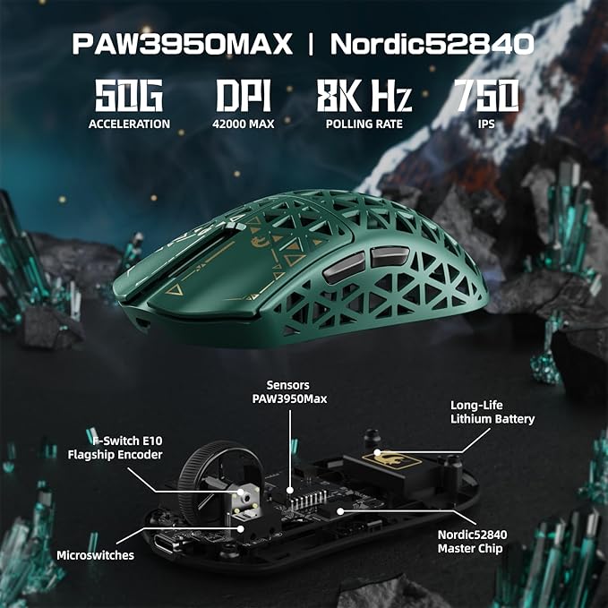 MAMBASNAKE M5 Ultra Carbon Fiber 8000Hz Wireless Gaming Mouse, 39g Superlight, 42000DPI, PAW3950MAX Sensor, Nordic 52840 Chip, Bluetooth/2.4G/USB-C Wired Mice with Coiled Cable for PC/Mac (Green)