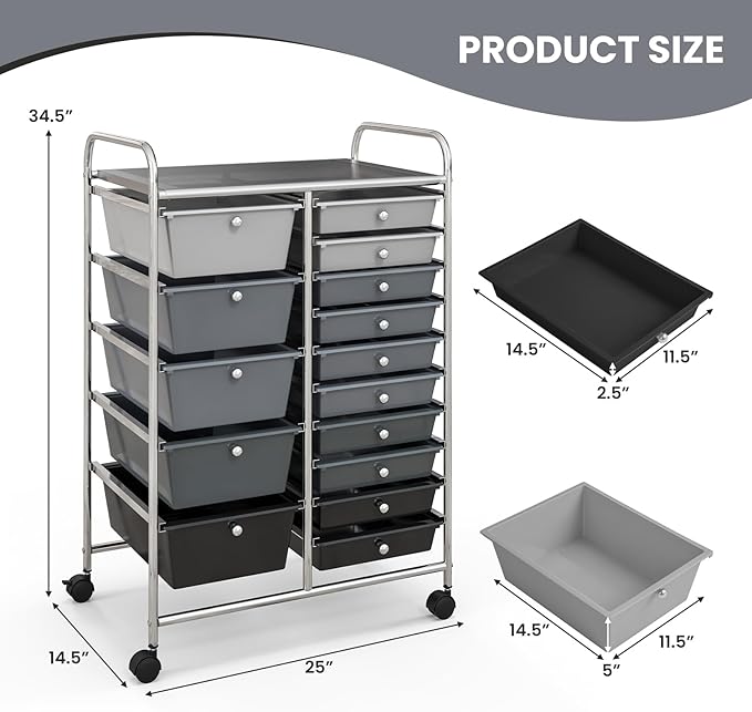 Moccha 15-Drawer Rolling Storage Cart - Under Desk Storage Drawers with wheels for Craft Art Supply Paper Salon, Scrapbook Paper Tools, Mobile Utility Cart for Classroom (15 Drawers, Gradient Grey)