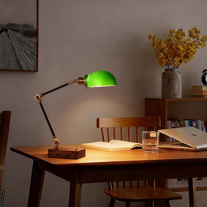 Bankers Lamp, Adjustable Traditional Green Desk Lamp with Solid Ash Wood Base, Green Glass Antique Library Lamp with Power Cord Switch, Plug in Vintage Bankers Desk Lamp for Office 【E26 Socket】