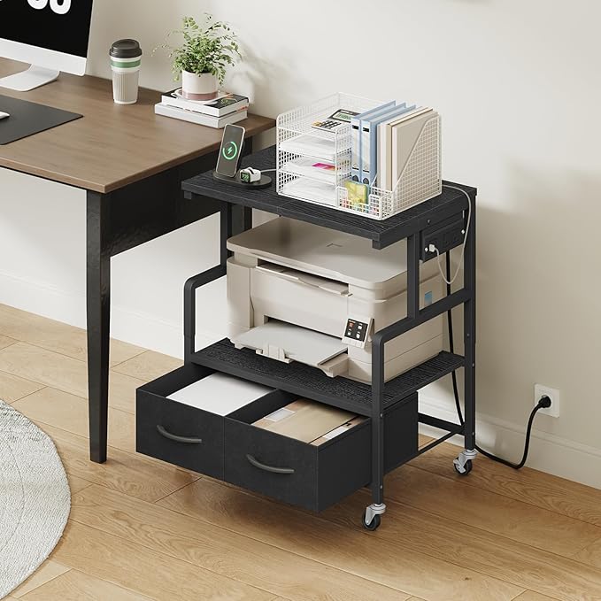 YATINEY Printer Stand, 3 Tier Printer Cart with Power Outlet and Fabric Drawers, Industrial Mobile Printer Table on Wheels, Printer Stand with Storage for Home Office, Study, Living Room PS03BB