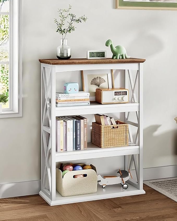 CHOEZON 4-Tier Bookcase, 42.9" Floor Standing Organizer Shelf, Corner Book Stand, Metal Frame, for Study, Bedroom, Living Room, White and Walnut TSJ01WL