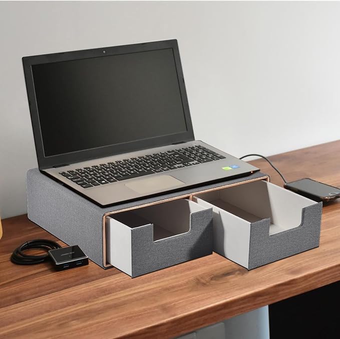 Pu Leather Stackable Desk Drawer Organizer,2-Drawers Desk Caddy for Office Bathroom Bedside Table Dressing Table,Grey