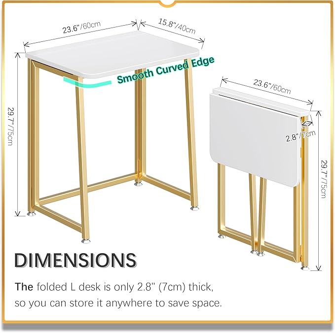 4NM 23.6" Mobile Small Folding Desk, Foldable Rolling Computer Home Office Desk, Study Writing Table for Small Space Saving Bedroom, with Wheels - White and Gold