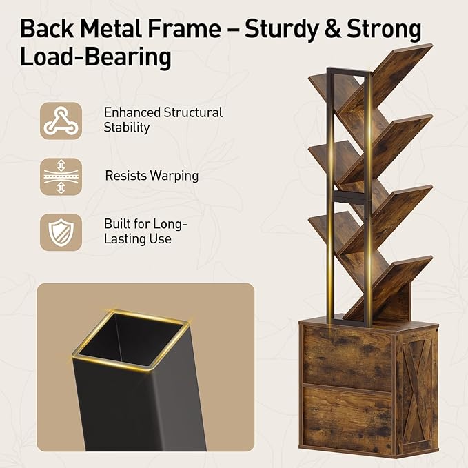 RALGEND Tree Bookshelf, 6 Tier Bookcase with 2 Storage Racks, Free Standing Tall Wooden Bookcase, Floor Standing Book Shelf Organizer for Living Room, Bedroom, Study, Home Office, Rustic Brown