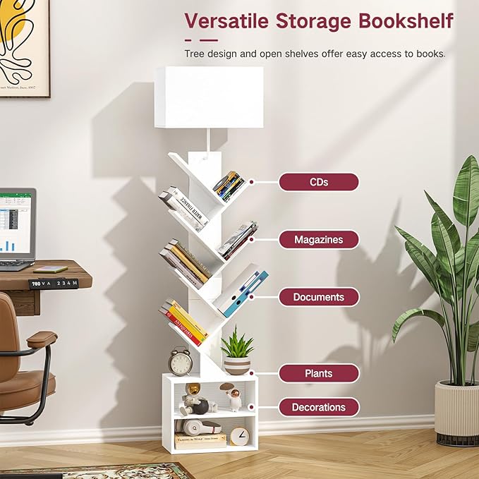 9 Tier Tree Bookshelf with Light, Remote, Timer & Cabinet, Dimmable Modern Tall Floor Standing Corner Book Shelf, Small Narrow Wood Bookcase for Living Room, Bedroom, Office(White)