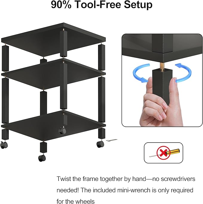 3-Tier Printer Stand with Wheels, Large Under Desk Rolling Cart for Office Storage, Heavy Duty Machine Stand with Adjustable Shelf, 22.04"x17.71"x26.54", Black