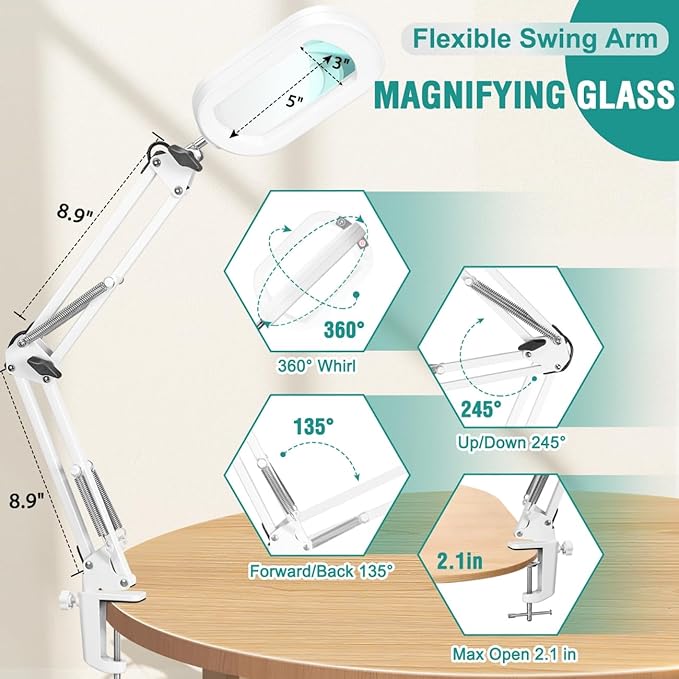 IVMAIE 10X Rectangle Magnifying Glass with Light, 5 Color Modes Stepless Dimmable Magnifier with Stand, LED Lighted Clamp Desk Lamp with Swing Arm, Hands Free for Reading Painting Close Work - White