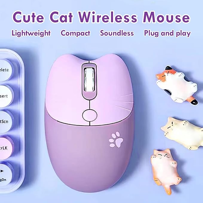 Lomiluskr Cute Cat Wireless Mouse, Lightweight Soundless Mice, 2.4G Wireless Mice, Candy Colors, Kawaii Mouse for Girls and Kids (Purple)