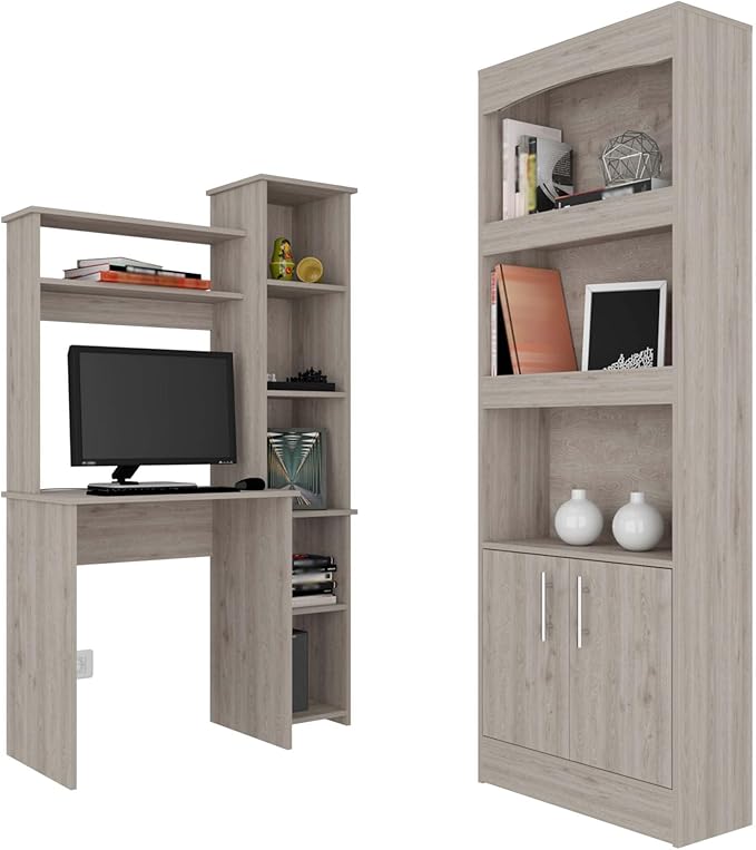 2 Piece Office Set, Bookcase + Desk, Light Gray