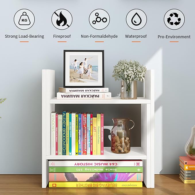 JLD Wood Adjustable 5-Shelf Desktop Bookshelf, Expandable Office Storage Rack, White