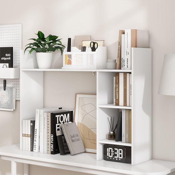 FTZxHKLX Desk Shelf, 37.4’’ Wooden Desktop Organizer Shelf, 3 Tier Desk Display Rack, Desk Hutch with 3 Shelves for Computer Monitor, Multipurpose Desktop Bookshelf for Home Office Dorm, White