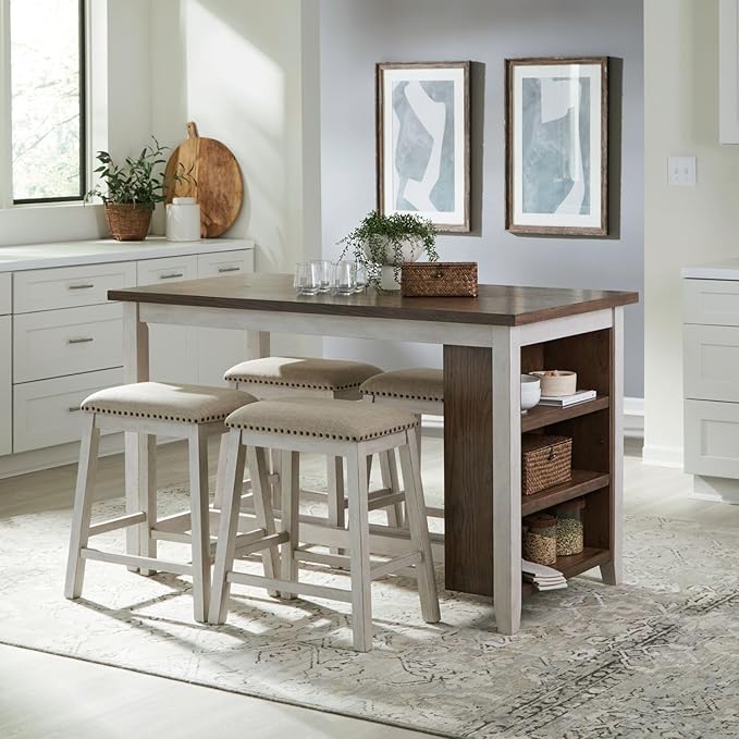 Liberty Furniture Brook Creek 5 Piece Counter Height Bookcase Table - Kitchen Dining Set Transitional 4 Upholstered Saddle Stools - White & Wood Tone Tops