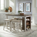 Liberty Furniture Brook Creek 5 Piece Counter Height Bookcase Table - Kitchen Dining Set Transitional 4 Upholstered Saddle Stools - White & Wood Tone Tops