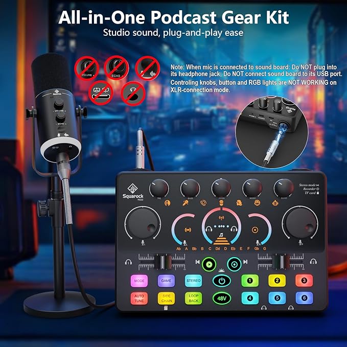 Podcast Equipment Bundle, Dynamic XLR/USB Gaming Microphone & Streaming Audio Mixer with RGB Lights, Perfect for Podcast, Recording, Video Vocal, PC