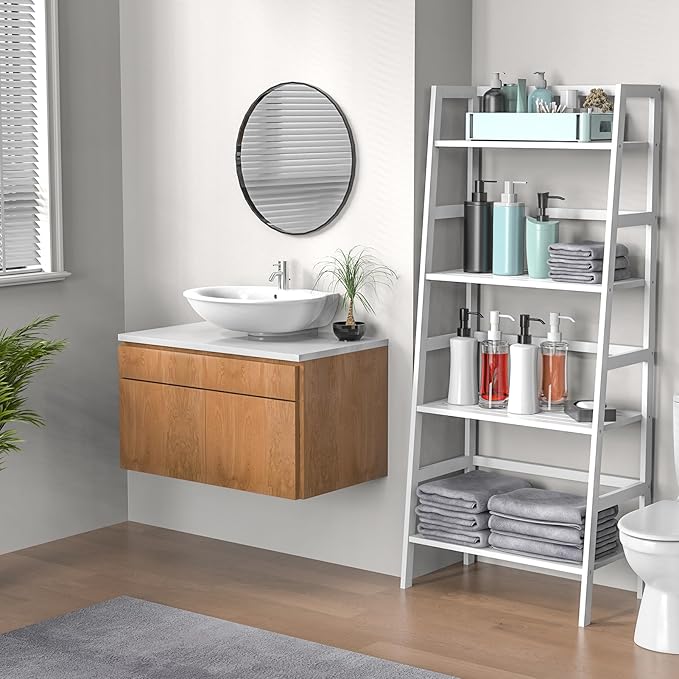 Bamboo White Bookshelf, 4-Tier Ladder Shelf Freestanding Space Saver Open Bookcase Book Shelf, Bamboo Storage Shelving Unit Flower Plant Stand for Living Room, Bathroom, Home Office