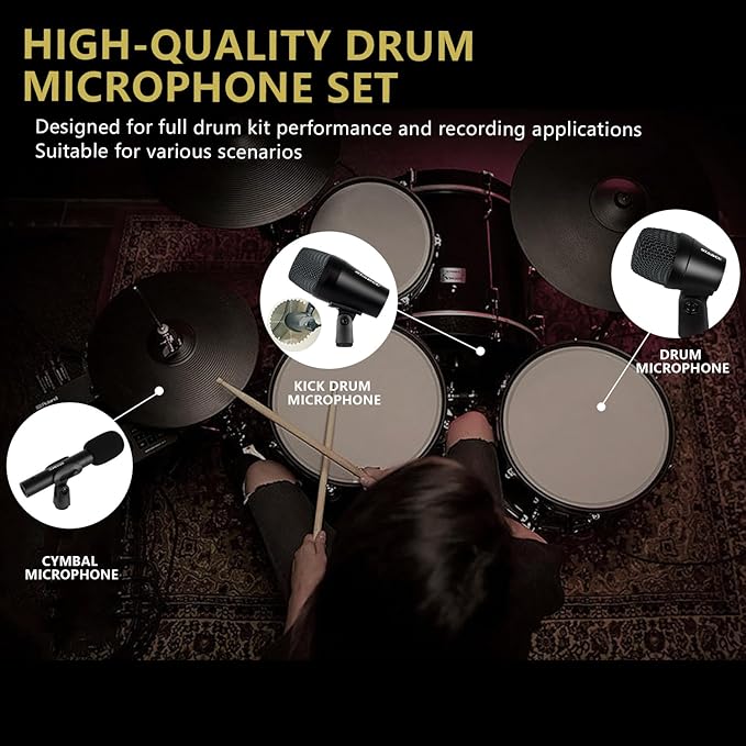7 Piece Drum Mic Kit with Carrying Case, Full Metal Wired Dynamic Drum Mics Set for Kick Bass, Tom, Snare, Hi-hat Cymbals and Musical Instrument Drum Microphone with Holders, Threaded Clips
