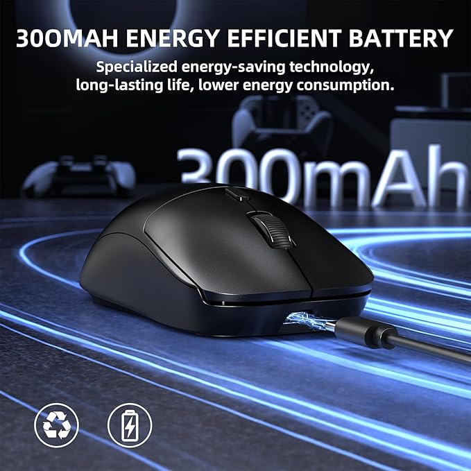 A.JAZZ NJ07 Wireless Mouse, 67g Ultra-Lightweight, 3-Mode 2.4G/Bluetooth/USB-C, 6 Adjustable DPI up to 12800, 1000Hz Optical Sensor, Ergonomic Design Long Battery Life, Compatible with PC & Mac-Black