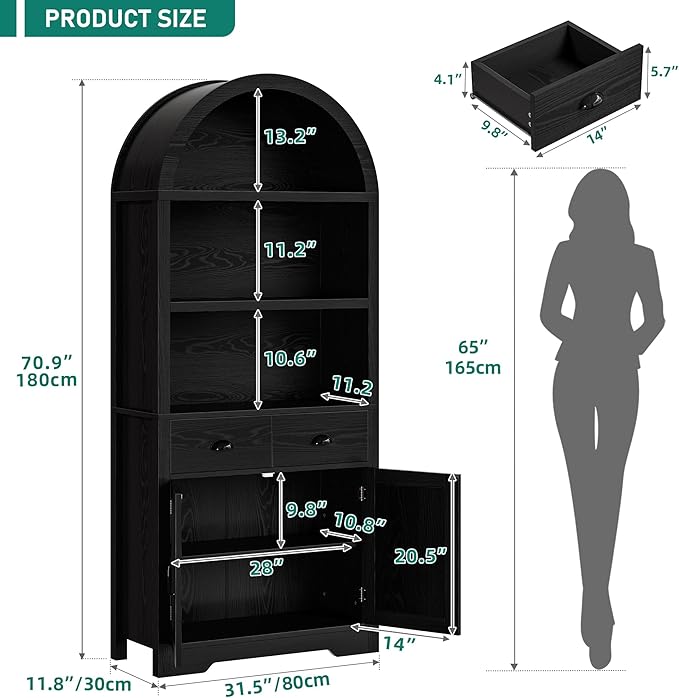 YITAHOME Arched Bookshelf, 71" Tall Bookcase with Drawers Arched Bookcase with Storage, Bookshelf Display Storage Rack with Adjustable Shelves for Living Room, Office, Black