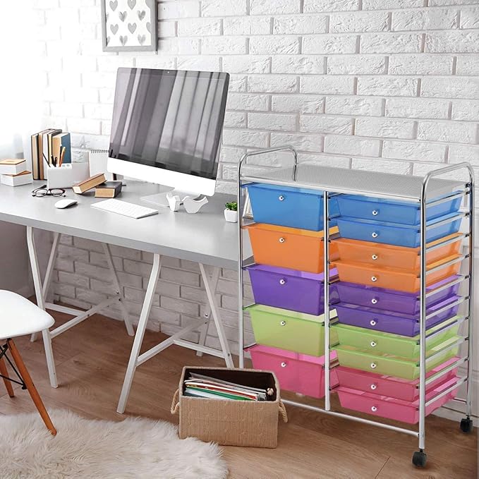 Moccha 15-Drawer Rolling Storage Cart - Under Desk Storage Drawers with wheels for Craft Art Supply Paper Salon, Scrapbook Paper Tools, Mobile Utility Cart for Classroom (15 Drawers, Rainbow)
