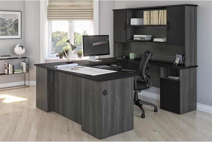 Bestar Norma U or L Shaped Executive Desk with Hutch in Black and Bark Gray, 71W | Large Corner Table for Home Office Workspace or Personal Work Area