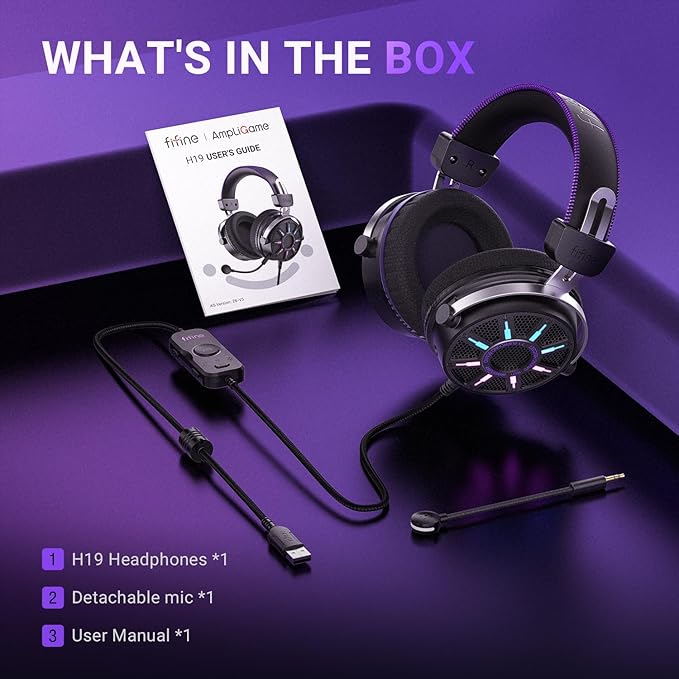 FIFINE Wired Open Back Gaming Headset, Open Acoustic Audio, Breathable Mesh Fabric, 7.1 Surround Sound, Vibrant RGB, USB Control Box, Over-Ear Headphone with Mic for PC, PS5/PS4, Laptop, Mac - H19BP