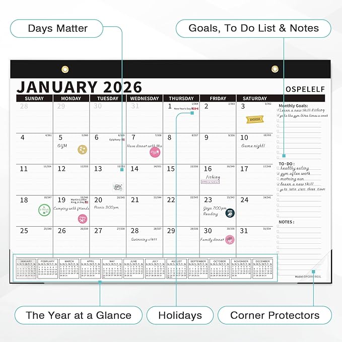 Ospelelf 2026-2027 Calendar Magnetic Desk Wall Desktop Monthly Planner from January 2026 - June 2027 Large To Do Pad with Plastic Cover for Office 17" X 12" Black
