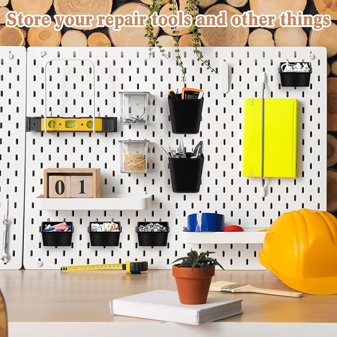 Jinei 12 Pcs Pegboard Bins and Cups with Hooks and Loops Peg Assortment Organizer Accessories Various Tool Organizer Pegboard Basket Set for Garage Workshop Workbench Office(Black)