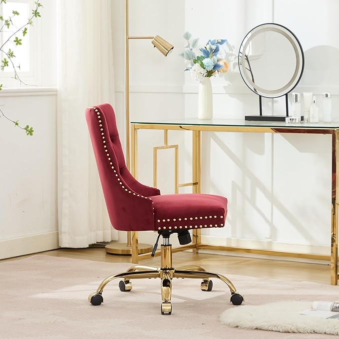 Goujxcy Desk Chair, Modern Velvet Upholstered Tufted Button Home Office Chair, 360° Swivel Armless Desk Chairs, 120°Rocking Ergonomic Computer Task Vanity Chairs, Wine Red
