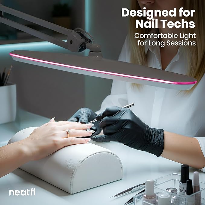 Neatfi XL 2,200 Lumens 24W LED Desk Lamp – 23” Wide Shade | Dimmable Eye-Caring Task Light | Adjustable Arm | Home Office, Study, Crafts & Nail Tech (White with Pink Ring, Non-CCT with Clamp)