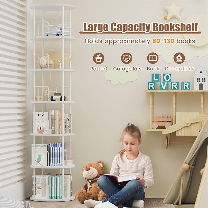 ALLSTAND 6 Tier Rotating Bookshelf, 360 ° Display Stackable Spinning Bookshelf Tower, Corner Bookshelf Tall Floor Standing Swivel Bookcase Narrow Storage Organizer for Bedroom, Living Room, White