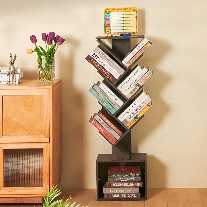 7 Tier Tree Book shelf, Small Bookcase with Reading Planner and Activity Panel, Modern Floor Standing Corner Tall Narrow Storage Cabinet Bookshelves for Home Office Bedroom Living Room (Gray)