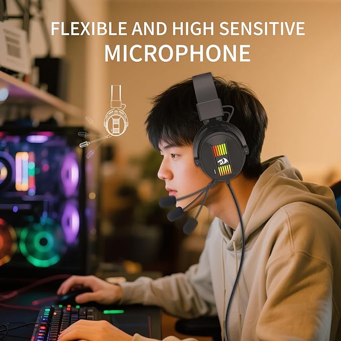 Redragon H375 Wired Gaming Headset, 53mm Drivers 7.1 Surround Sound, Detachable Noise Cancelling Mic, USB Computer Headset with RGB, Lightweight Design for PC/Laptop/PS4