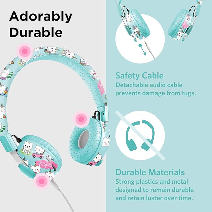 LilGadgets Untangled Pro Kids On-Ear Headphones - Bluetooth Wireless Headphones – Volume-Limited to 93 dB with Built-in Sharing Port (Rainbow Cat)