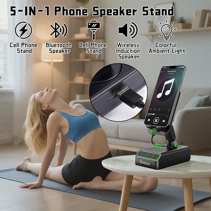 Cell Phone Stand with Wireless Bluetooth Speaker, Wireless Induction Audio, Emergency Rechargeable Portable Speaker Cellphone Stand with Colorful Ambient Light, Ideal Gifts for Men and Women