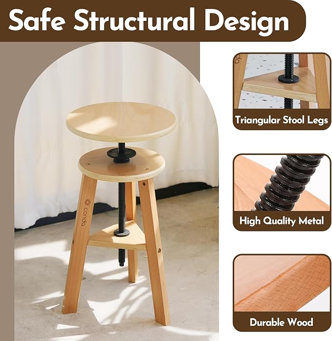 conda Adjustable Height Wooden Drafting Stool 19" to 26", Beech Wood Artist Stool for Drafting, Painting, Office, Studio, Kitchen, Bar, and Home Use