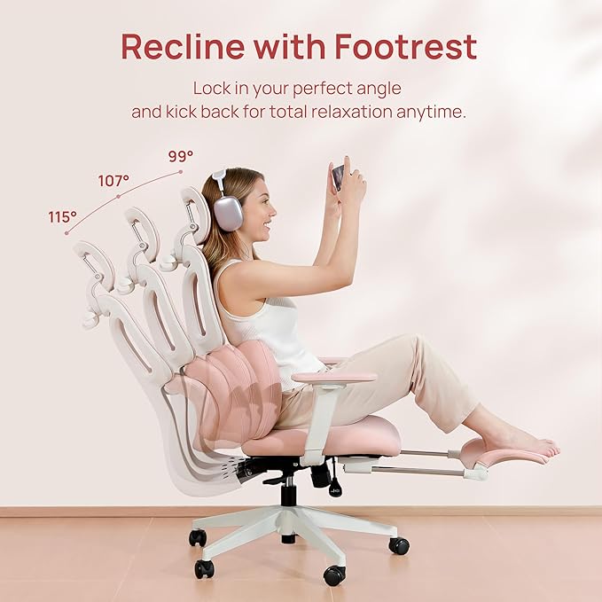 CabLady S1 Petite Ergonomic Home Desk Chair with Footrest and Headrest, High Back Fixed Lumbar Support with Detachable Pillow, Reclining Cute Office Chair for Women & Girls, 300 LBS Capacity