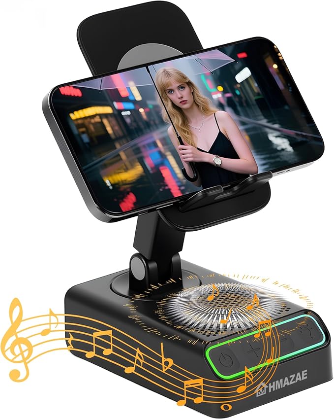 Cell Phone Stand with Wireless Bluetooth Speaker, Wireless Induction Audio, Emergency Rechargeable Portable Speaker Cellphone Stand with Colorful Ambient Light, Ideal Gifts for Men and Women