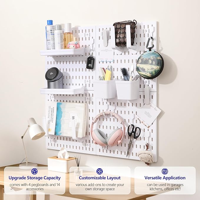 white pegboard wall organizer - skadis peg board panels for desk and wall control - durable pegboard （White, 22″×22″）