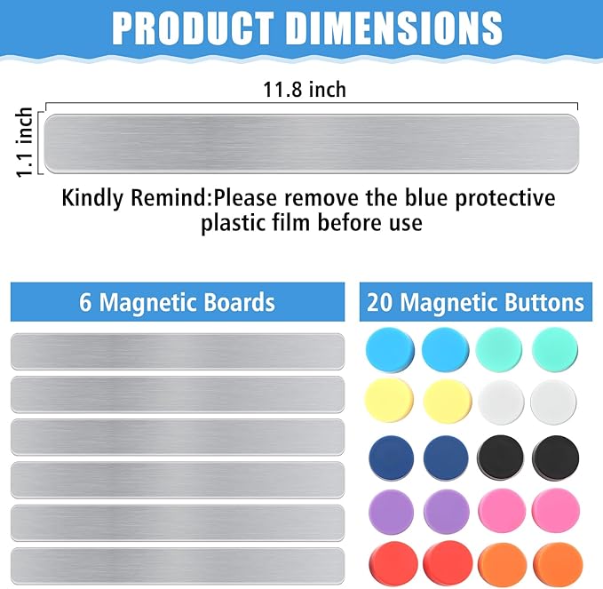 6Pcs Magnetic Strip, Metal Magnet Board with 20 pcs Colorful Magnet, Frameless Magnetic Strips with Adhesive Backing for DIY, Art Projects, whiteboards & Fridge