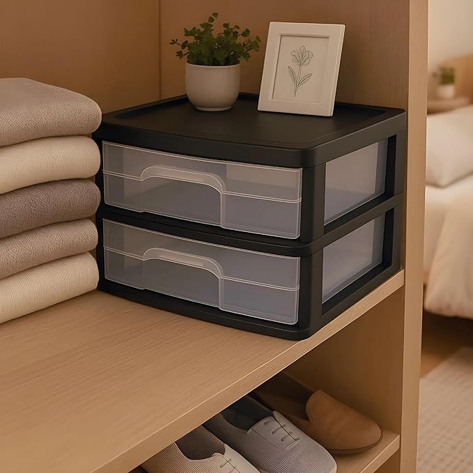 HOMZ 2-Pack 2-Drawer Storage Cart, Clear Plastic Drawers, 14.25" Wide Medium, Black Frame - Organizing Drawer Containers for Home, Bathroom, Bedroom, Office, and Classroom