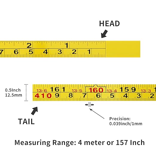 2 Packs Steel Self-Adhesive Measuring Tape, Right to Left Reading 410cm or 161-Inch Imperial and Metric Ruler Tape, 1/2-Inch Peel and Stick Tape Measure for Woodworking, Saw, Drafting Table, Yellow