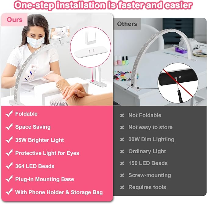 Upgraded Half Moon Light with Phone Holder, 29in Foldable Half Moon Light for Nail Desk, Nail Table Lamp with Stepless Dimming & Color Temperature (Large-29In)