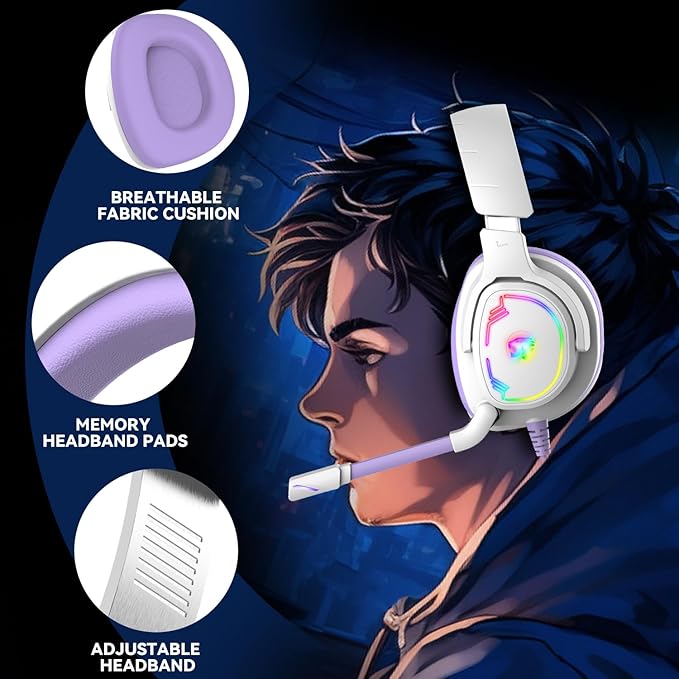Jimonyer Gaming Headset for PC/PS4/PS5/Xbox One/Switch, Stereo Surround Sound Gaming Headphones with Noise Canceling Flexible Mic, Computer Headset with 3.5mm Jack(Purple)
