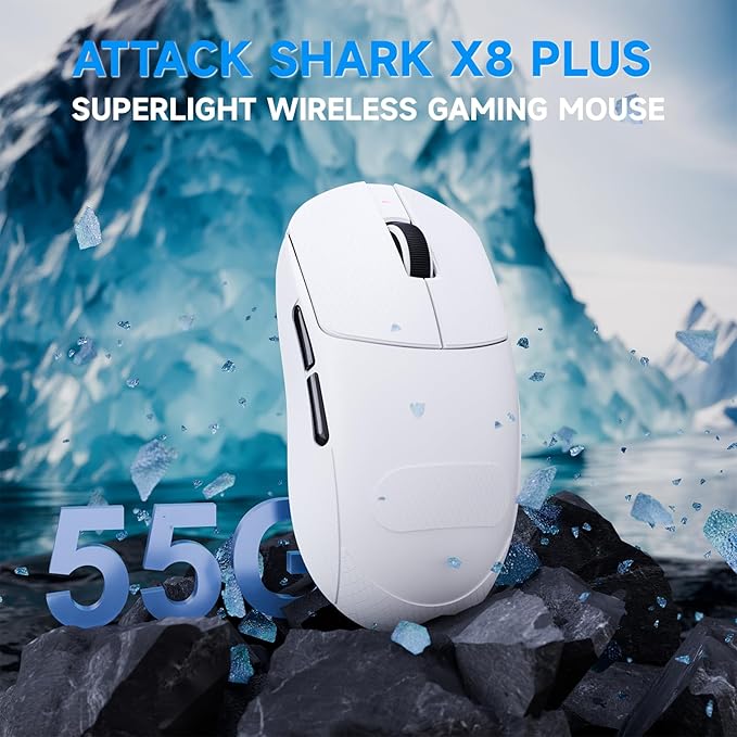 ATTACK SHARK X8Plus 55g Superlight Wireless Gaming Mouse with 40K DPI,PAW 3395PRO Sensor, Broadcom BK52820 Chip,HUANO Switch,Web Driver,Tri-Mode Fit Large Hand Mice with RGB Cable -White&Sticker