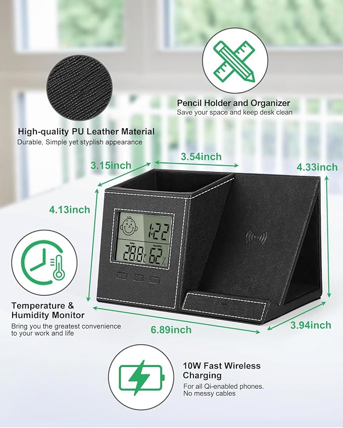 Pen Holder with Wireless Charger, Built in Digital Indoor Thermometer and Humidity Monitor, Multi-Functional Desktop Organizer for Home, School, Office Supply, Midnight Black