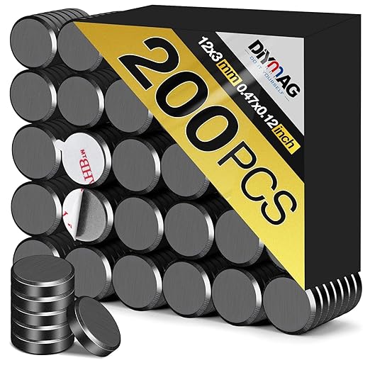 DIYMAG Strong Magnets 200Pcs 0.47x0.12Inch Fridge Refrigerator Magnet for Whiteboard with Adhesive Backing Magnetic Small Black Button Ceramic Circle Craft Round Heavy Duty Adhesive